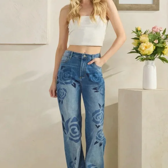 Oli & Hali Blue Floral Wide Leg Jeans - Picture 3 of 10